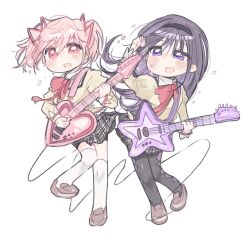 Rule 34 | 2girls, akemi homura, black hairband, black pantyhose, black skirt, bow, bowtie, brown jacket, chibi, commentary, electric guitar, full body, guitar, hair bow, hairband, highres, holding, holding guitar, holding instrument, instrument, jacket, kaname madoka, kerimka31328031, kneehighs, loafers, long hair, mahou shoujo madoka magica, mahou shoujo madoka magica (anime), mitakihara school uniform, multiple girls, no nose, open mouth, pantyhose, pink hair, plaid, plaid skirt, pleated skirt, purple eyes, purple hair, red bow, red bowtie, school uniform, shoes, simple background, skirt, socks, standing, standing on one leg, symbol-only commentary, twintails, white background, white socks, wire