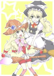 Rule 34 | 2girls, apron, beryl benito, black footwear, blonde hair, boots, border, bow, braid, brown eyes, brush, crossover, frills, hat, kirisame marisa, knees together feet apart, long hair, multiple girls, open mouth, outline, outside border, ribbon, shoes, side braid, socks, star (symbol), tales of (series), tales of hearts, thighhighs, touhou, trait connection, twin braids, waist apron, white border, wide sleeves, witch hat, yellow background, yellow eyes