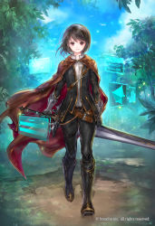 Rule 34 | 96dgd, belt, bird, black footwear, black gloves, black hair, black pants, blue sky, boots, brown cape, brown eyes, cape, chain, company name, copyright request, cover, cover page, fantasy, full body, gloves, gold trim, highres, holding, holding weapon, holographic interface, looking at viewer, medium hair, novel cover, original, outdoors, pants, red cape, shadow, sky, smile, standing, sword, thigh strap, tree, weapon