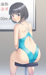 Rule 34 | 1girl, ass, black hair, blue eyes, blue one-piece swimsuit, bob cut, butt crack, commentary request, competition swimsuit, feet out of frame, highleg, highleg swimsuit, highres, looking at viewer, looking back, one-piece swimsuit, original, smile, solo, stool, swimsuit, thames3