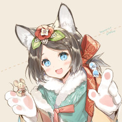 Rule 34 | 1girl, animal ears, blue eyes, blush, brown hair, chinese zodiac, empew, flower, hair flower, hair ornament, looking at viewer, mouse (animal), mouse ears, open mouth, original, short hair, smile, solo, upper body, year of the rat
