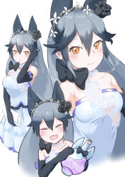 Rule 34 | 1girl, absurdres, animal ear fluff, animal ears, black flower, black gloves, black rose, blush, breasts, cleavage, collarbone, commentary, commentary request, dress, closed eyes, fang, flower, fox ears, fox girl, gloves, hair flower, hair ornament, highres, kemono friends, kemono friends 3, large breasts, looking at viewer, off shoulder, open mouth, orange eyes, parsley (simonov1941), rose, silver fox (kemono friends), simple background, skin fang, wedding, wedding dress, white background, white dress