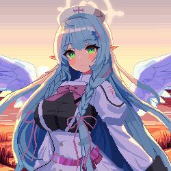 Rule 34 | 1girl, blue archive, blue hair, blush stickers, braid, breasts, closed mouth, dress, green eyes, halo, hat, highres, juliet sleeves, large breasts, long hair, long sleeves, looking at viewer, mine (blue archive), nurse cap, pixel art, pointy ears, puffy sleeves, smile, solo, tinia etru, twin braids, white dress, white hat, yellow halo