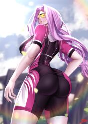 Rule 34 | 1girl, absurdres, alternate costume, ass, bike shorts, black shorts, blush, braid, braided ponytail, breasts, cycling uniform, fate/grand order, fate (series), forehead, highres, large breasts, long hair, looking at viewer, looking back, medusa (fate), medusa (rider) (fate), parted bangs, parted lips, purple eyes, purple hair, short sleeves, shorts, sidelocks, sky, solo, sports sunglasses, sunglasses, very long hair, zinfian