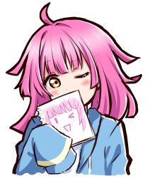 Rule 34 | 1girl, absurdres, ahoge, blue jacket, blunt ends, blush, commentary, covering own mouth, drawing, hand up, highres, holding, holding sketchbook, jacket, long sleeves, looking at viewer, love live!, love live! nijigasaki high school idol club, one eye closed, pink hair, rina-chan board, seion, shirt, short hair, sketchbook, sleeves past fingers, sleeves past wrists, solo, tennoji rina, upper body, white shirt, yellow eyes