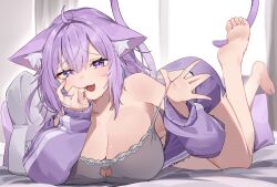 Rule 34 | 1girl, :3, ahoge, animal ear fluff, animal ears, bare legs, bare shoulders, barefoot, breasts, camisole, cardigan, cat cutout, cat ears, cat girl, cat tail, cleavage, clothing cutout, collarbone, fangs, grey camisole, hair between eyes, highres, hololive, indoors, jacket, jknor, large breasts, looking at viewer, lying, medium hair, nekomata okayu, nekomata okayu (membership), official alternate costume, on bed, on stomach, open clothes, open jacket, open mouth, purple eyes, purple hair, purple jacket, purple shorts, short shorts, shorts, solo, strap slip, tail, two side up, virtual youtuber