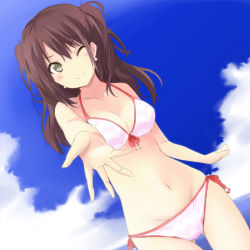 Rule 34 | 1girl, atlus, bikini, blush, breasts, brown hair, cleavage, cloud, day, earrings, foreshortening, front-tie top, green eyes, halterneck, jewelry, kokumu, kujikawa rise, long hair, medium breasts, navel, ocean, one eye closed, outstretched arm, persona, persona 4, side-tie bikini bottom, skindentation, sky, smile, solo, string bikini, swimsuit, twintails, two side up, wink