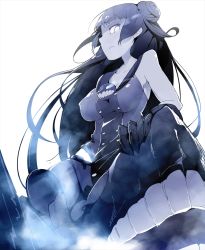 Rule 34 | 10s, 1girl, abyssal ship, bad id, bad pixiv id, bare shoulders, black hair, blue eyes, breasts, claws, cleavage, collarbone, colored skin, covered erect nipples, double bun, female focus, frown, gauntlets, glowing, glowing eye, grey skin, kantai collection, large breasts, light cruiser oni, long hair, rca, sideways mouth, sleeveless, solo, taut clothes, white eyes