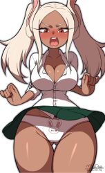 Rule 34 | 1girl, :d, absurdres, alternate hairstyle, animal ears, animal print, artist name, ass, blush, boku no hero academia, breasts, cleavage, collarbone, dark-skinned female, dark skin, dated, embarrassed, full body, gluteal fold, green skirt, highres, large breasts, long eyelashes, long hair, looking at viewer, maydaykiki, mirko, narrow waist, open mouth, panties, pantyshot, parted bangs, pleated skirt, print panties, rabbit ears, rabbit girl, rabbit panties, rabbit print, school uniform, shirt tucked in, signature, skirt, sleeves rolled up, smile, solo, tears, teeth, thick thighs, thigh gap, thighs, twintails, underwear, upper teeth only, v, white background, white hair, white panties, wide hips, wind, wind lift