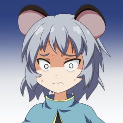 Rule 34 | 1girl, animal ears, capelet, cato (monocatienus), commentary request, disgust, gradient background, grey hair, mouse ears, nazrin, nervous sweating, portrait, shaded face, short hair, simple background, solo, sweat, touhou, wavy mouth