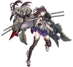 Rule 34 | 1girl, black gloves, black thighhighs, boots, breasts, brown hair, fingerless gloves, full body, gloves, impossible clothes, impossible shirt, kikumon, large breasts, long hair, nagato (warship girls r), official art, pleated skirt, ponytail, purple eyes, remodel (warship girls r), rigging, shirt, skirt, solo, thighhighs, transparent background, turret, underbust, very long hair, warship girls r, zi se