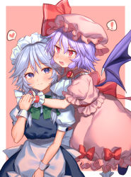 Rule 34 | !, 2girls, apron, ascot, bat wings, blue dress, blue eyes, blue hair, blush, border, bow, bowtie, braid, brooch, commentary request, cowboy shot, dress, frilled shirt collar, frills, green bow, green neckwear, hair between eyes, hat, hat ribbon, heart, highres, holding hands, izayoi sakuya, jewelry, looking at viewer, maid, maid headdress, masanaga (tsukasa), mob cap, multiple girls, outside border, pink background, pink dress, pink headwear, puffy short sleeves, puffy sleeves, red bow, red eyes, red ribbon, remilia scarlet, ribbon, shirt, short hair, short sleeves, silver hair, simple background, smile, spoken exclamation mark, spoken heart, standing, touhou, twin braids, waist apron, white apron, white border, white neckwear, white shirt, wings, wrist cuffs, yuri
