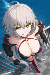Rule 34 | 1girl, ahoge, bad id, bad pixiv id, bikini, black bikini, black gloves, black jacket, breasts, cleavage, closed mouth, collarbone, commentary request, fate/grand order, fate (series), gloves, green hair, hair between eyes, highres, jacket, jeanne d&#039;arc alter (fate), jeanne d&#039;arc alter (swimsuit berserker) (fate), kamo ashi, large breasts, long hair, looking at viewer, looking up, o-ring, off shoulder, open clothes, open jacket, red thighhighs, single thighhigh, smile, solo, swimsuit, thighhighs, tongue, tongue out, very long hair, water, yellow eyes