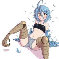 Rule 34 | 1girl, ahoge, bare shoulders, blue feathers, blue hair, blue wings, blush, breasts, claws, embarrassed, feathered wings, feathers, hair between eyes, harpy, highres, knightmareluna, looking at viewer, midriff, miniskirt, monster girl, monster musume no iru nichijou, navel, orange eyes, papi (monster musume), presenting, short hair, simple background, sitting, skirt, small breasts, solo, spread legs, talons, tank top, teeth, thighs, white background, winged arms, wings