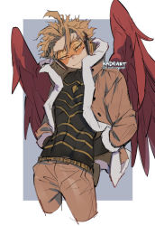 Rule 34 | 1boy, arms behind back, belt, belt pouch, black gloves, black shirt, blonde hair, blouse, boku no hero academia, bomber jacket, brown jacket, brown pants, costume, cowboy shot, facial hair, facial mark, feathered wings, feathers, forked eyebrows, fur-trimmed jacket, fur trim, gloves, goatee, hawks (boku no hero academia), headphones, high collar, jacket, kadeart, long eyebrows, looking at viewer, male focus, pants, pouch, red feathers, red wings, rimless eyewear, shirt, short hair, skin tight, smirk, solo, striped clothes, striped shirt, stubble, tight clothes, tight shirt, tinted eyewear, toned, toned male, twitter username, wings, yellow eyes