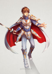 Rule 34 | 1boy, armor, breastplate, cape, fire emblem, fire emblem: genealogy of the holy war, fire emblem: thracia 776, grey background, gzei, holding, holding sword, holding weapon, leif (fire emblem), male focus, nintendo, pauldrons, shoulder armor, simple background, solo, sword, weapon