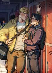 Rule 34 | 2boys, against locker, backpack, bad id, bad tumblr id, bag, bara, black hair, blonde hair, book, couple, cris art, denim, eye contact, feet out of frame, hallway, height difference, holding, holding book, hood, hooded jacket, hulkling, jacket, jeans, kabedon, long sideburns, looking at another, male focus, marvel, multiple boys, pants, short hair, shoulder bag, sideburns, smile, standing, thick eyebrows, toned, toned male, wiccan, yaoi, yellow jacket