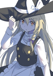 Rule 34 | 1girl, :/, apron, blonde hair, bow, braid, breasts, buttons, e.o., grabbing, hair between eyes, hair ribbon, hand up, hat, hat bow, highres, kirisame marisa, long hair, long sleeves, looking at viewer, parted lips, purple bow, ribbon, simple background, single braid, small breasts, solo, touhou, tress ribbon, tsurime, very long hair, waist apron, white background, white bow, witch hat