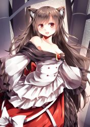 Rule 34 | 1girl, adapted costume, animal ears, backlighting, bamboo, bare shoulders, blouse, blush, bow, breasts, brooch, brown hair, cleavage, collarbone, fang, frilled shirt, frilled skirt, frilled sleeves, frills, from side, hair between eyes, highres, imaizumi kagerou, jewelry, kanzakietc, lavender shirt, long hair, long skirt, looking at viewer, looking to the side, medium breasts, night, night sky, off shoulder, open mouth, petticoat, red eyes, red skirt, shirt, skirt, sky, sleeves past wrists, smile, solo, star (sky), starry sky, touhou, very long hair, white shirt, wide sleeves, wolf ears, yellow eyes