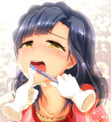 Rule 34 | 10s, 1girl, bad id, bad pixiv id, blue hair, blush, brushing teeth, disembodied hand, gradient background, idolmaster, idolmaster million live!, ima (lm ew), nanao yuriko, open mouth, pov, solo focus, tears, toothbrush, toothbrush in mouth, yellow eyes
