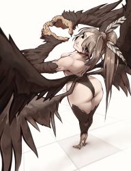 Rule 34 | 1girl, absurdres, ahoge, ass, bird legs, black eyes, brown hair, feather hair ornament, feathered wings, feathers, hair ornament, hairclip, harpy, heart, heart hands, highres, hololive, hololive english, long hair, looking at viewer, monster girl, multicolored hair, nanashi mumei, ponytail, smile, solo, streaked hair, talons, timinybillybob, very long hair, virtual youtuber, winged arms, wings