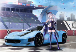 Rule 34 | 1girl, absurdres, azur lane, black gloves, blue hat, boots, breasts, car, cleavage, closed mouth, clothing cutout, collarbone, enterprise (azur lane), enterprise (wind catcher) (azur lane), ferrari, ferrari 458 italia, full body, gloves, hand on own hip, hat, high heel boots, high heels, highres, holding, holding umbrella, kcar66t, long hair, looking at viewer, medium breasts, motor vehicle, official alternate costume, petals, purple eyes, purple footwear, purple shorts, purple thighhighs, race queen, shorts, side cutout, side ponytail, silver hair, single glove, solo, standing, thigh boots, thighhighs, umbrella, vehicle focus, very long hair