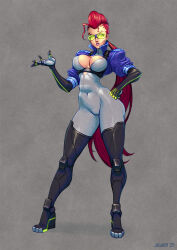 1girl bodysuit boots breasts capcom cleavage_cutout clothing_cutout crimson_viper cropped_jacket full_body green-tinted_eyewear grey_background highres jiggeh large_breasts long_hair low_ponytail pompadour red_hair redesign simple_background skin_tight solo street_fighter sunglasses thigh_boots tinted_eyewear toned toned_female very_long_hair wedge_heels