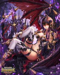 Rule 34 | 1girl, armor, black wings, boobplate, breastplate, breasts, brown hair, cleavage, demon girl, demon horns, demon wings, earrings, fingernails, hair between eyes, high heels, horns, jewelry, knee up, knife, large breasts, long fingernails, long hair, medium breasts, midriff, nail polish, navel, pauldrons, planted, planted sword, planted weapon, pointy ears, ragnabreak, red eyes, red nails, revealing clothes, sharp fingernails, sheath, sheathed, shoulder armor, sitting, solo, sword, thigh strap, thighhighs, wanke, weapon, white thighhighs, wings