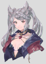 Rule 34 | 1girl, braid, breasts, brown eyes, character request, choker, cleavage, closed mouth, collarbone, cropped arms, cropped torso, floating hair, grey background, highres, long hair, medium breasts, shimatani azu, silver hair, single braid, smile, solo, swept bangs, twintails