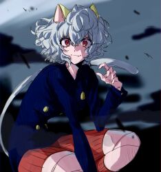 1girl :3 androgynous animal_ears blue_shirt breasts cat_ears cat_tail curly_hair doll_joints fingernails grey_sky highres hunter_x_hunter joints looking_at_viewer neferpitou orange_shorts red_eyes ribbed_shorts sharp_fingernails shirt short_hair shorts sky solo sx_0oss tail white_hair