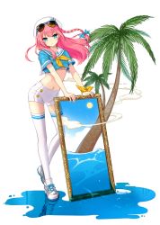 Rule 34 | 1girl, alternate costume, braid, closers, full body, millgua, palm tree, puddle, seulbi lee, short shorts, shorts, single braid, solo, standing, standing on one leg, tagme, thighhighs, tree, white background, white thighhighs