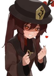 Rule 34 | 1girl, black hat, black nails, brown hair, chinese clothes, flasso, genshin impact, half-closed eyes, hat, heart, highres, hu tao (genshin impact), long hair, long sleeves, nail polish, red eyes, sidelocks, simple background, smile, solo, symbol-shaped pupils, teeth, top hat, twintails, white background