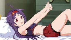 Rule 34 | 1girl, :d, ahoge, bed, bed sheet, bedroom, bra, breasts, from side, game cg, headband, highres, indoors, long hair, looking at viewer, lying, midriff, navel, official art, on back, open mouth, outstretched arms, pillow, purple bra, purple hair, red eyes, red shorts, short shorts, shorts, small breasts, smile, solo, sports bra, stomach, sword art online, sword art online: fatal bullet, underwear, very long hair, yuuki (sao)