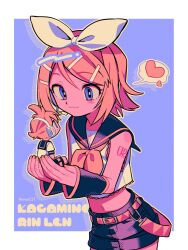 Rule 34 | 1boy, 1girl, belt, black shorts, blonde hair, blue eyes, blush stickers, border, bow, brother and sister, character name, closed mouth, commentary, crop top, detached sleeves, eyelashes, hair ornament, hairclip, headphones, heart, highres, kagamine len, kagamine rin, menma (enaic31), mini person, miniboy, neckerchief, number tattoo, sailor collar, shirt, short hair, shorts, shoulder tattoo, siblings, spoken heart, tattoo, treble clef, vocaloid, white border, white bow, white shirt, yellow neckerchief