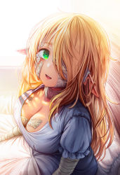 Rule 34 | 1girl, bandage over one eye, bandaged arm, bandages, bandaid, bandaid on breast, bandaid on ear, bandaid on face, bandaid on neck, blonde hair, boroboro no elf-san o shiawaseni suru kusuri uri-san, breasts, cleavage, commentary, dress, elf, gibagiba, green dress, green eyes, hair over one eye, highres, hole in ears, large breasts, looking at viewer, parted lips, pointy ears, puffy short sleeves, puffy sleeves, reszurre, short sleeves, sitting, smile, solo, tearing up