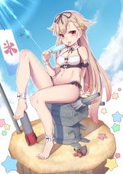 Rule 34 | 10s, 1girl, 2016, adapted costume, aircraft, airplane, alternate costume, ankle cuffs, arm strap, arm support, bare legs, bare shoulders, barefoot, bikini, black bikini, black panties, blonde hair, bokushi, bow, bow bikini, bra, braid, breasts, cleavage, cloud, cloudy sky, cosplay, dated, day, detached collar, detached sleeves, faux figurine, feet, food, french braid, frilled bikini, frills, full body, gradient hair, hair between eyes, hair flaps, hair ornament, hair ribbon, hairclip, highres, kantai collection, knee up, kooribata, light particles, light rays, long hair, looking at viewer, maid, maid bikini, mismatched bikini, multicolored hair, oversized object, panties, popsicle, puffy detached sleeves, puffy sleeves, re:zero kara hajimeru isekai seikatsu, red eyes, red hair, rem (re:zero), rem (re:zero) (cosplay), rensouhou-chan, rensouhou-kun, ribbon, ribbon-trimmed collar, ribbon trim, side braid, single braid, sitting, sitting on object, sky, smile, solo, star (symbol), stomach, straight hair, sunlight, swimsuit, thighs, toes, tongue, tongue out, torpedo, unconventional maid, underwear, very long hair, white bikini, white bra, wrist cuffs, yuudachi (kancolle)