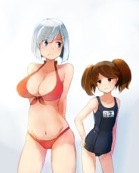 Rule 34 | 10s, 2girls, absurdres, bikini, blue eyes, blue one-piece swimsuit, blunt bangs, blush, breast envy, breasts, brown eyes, brown hair, cleavage, cowboy shot, eyes visible through hair, flat chest, frown, hair over one eye, hamakaze (kancolle), highres, kantai collection, kion-kun, large breasts, long hair, multiple girls, navel, one-piece swimsuit, red bikini, ryuujou (kancolle), school swimsuit, silver hair, skindentation, standing, swimsuit, twintails