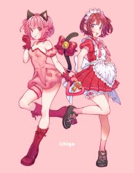 Rule 34 | absurdres, animal ears, apron, bare shoulders, bell, bomhat, boots, bow, breasts, cat ears, cat tail, character name, choker, cleavage, detached sleeves, dual persona, full body, gloves, highres, magical girl, maid headdress, mew ichigo, momomiya ichigo, open mouth, paw pose, pink background, pink eyes, pink footwear, pink hair, red gloves, short hair, small breasts, tail, tail bell, tail ornament, tokyo mew mew, tongue, white apron