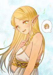 Rule 34 | 1boy, 1girl, absurdres, bare shoulders, blonde hair, blue eyes, blush, bracer, breasts, dirty, dirty clothes, dirty face, dress, gold necklace, green eyes, hand on own chest, highres, jewelry, link, long hair, looking at viewer, medium breasts, mouyi, necklace, nintendo, open mouth, parted bangs, pointy ears, princess zelda, smile, solo focus, strapless, strapless dress, the legend of zelda, the legend of zelda: breath of the wild, thick eyebrows, upper body, white dress