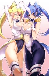 Rule 34 | 2girls, :d, :t, ;d, arm up, armpits, blonde hair, blue hair, blue ribbon, blush, breast press, breasts, buttons, center opening, cleavage, duel monster, epaulettes, eyebrows, green eyes, green nails, hair ornament, hand on breast, high ponytail, highres, holding hands, horns, interlocked fingers, large breasts, leotard, long sleeves, looking at viewer, midriff, multicolored hair, multiple girls, nail polish, navel, one eye closed, open mouth, performapal corn, performapal uni, pink hair, pink nails, ponytail, red eyes, ribbon, single horn, sleeveless, smile, symmetrical docking, tail, twintails, two-tone hair, wrist cuffs, yanazuri (kimossari337), yu-gi-oh!