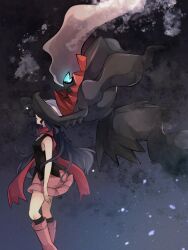 Rule 34 | 1girl, armpit crease, arms at sides, beanie, black hair, black shirt, black socks, boots, commentary request, covering another&#039;s eyes, creatures (company), darkrai, dawn (pokemon), from side, game freak, gen 4 pokemon, glowing, glowing eyes, guess who, hat, kneehighs, legendary pokemon, long hair, long scarf, mythical pokemon, nintendo, pink footwear, pink skirt, pokemon, pokemon (creature), pokemon dppt, red scarf, scarf, shirt, skirt, sleeveless, sleeveless shirt, socks, standing, white headwear, yomogi (black-elf)