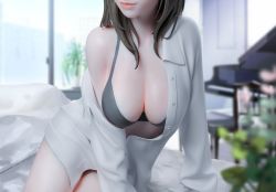 Rule 34 | 1girl, 3d, blouse, blurry, breasts, cleavage, depth of field, head out of frame, highres, indoors, large breasts, legs, self-upload, shirt, solo, white shirt