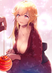 Rule 34 | 1girl, :d, artist name, azur lane, balloon, blonde hair, blush, breasts, cleavage, collarbone, commentary, dermar, english commentary, festival, fingernails, floral print, hair between eyes, highres, japanese clothes, kimono, large breasts, lens flare, long fingernails, long hair, long sleeves, looking at viewer, mixed-language commentary, obi, open mouth, pov, print kimono, red eyes, red kimono, revision, richelieu (azur lane), sash, sidelocks, smile, solo, squatting, summer festival, tearing up, water balloon, water yoyo, wide sleeves, yukata