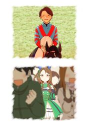 Rule 34 | 2girls, 2koma, 3boys, animal ears, blurry, bow, brown eyes, brown hair, buttons, comic, contrail (racehorse), crying, depth of field, double-breasted, dress, ear covers, extra, faceless, faceless female, faceless male, facing viewer, fukunaga yuuichi, green bow, green dress, hair bow, highres, horse, horse ears, horse girl, jockey, king halo (umamusume), long hair, multiple boys, multiple girls, off-shoulder dress, off shoulder, poteo (poteo mot), real life, umamusume