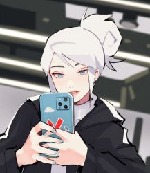 Rule 34 | 1girl, animification, black hoodie, blue eyes, blue nails, cellphone, grey sweater, hair behind ear, highres, holding, holding phone, hood, hoodie, hyoon (sockgyu), jett (valorant), nail polish, parted lips, phone, portrait, smartphone, solo, sweater, valorant, white hair