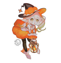 1girl :o alternate_costume artist_name black_hat black_pantyhose commentary flower-shaped_pupils genshin_impact gradient_hair green_eyes green_hair halloween hat highres holding holding_lantern kamino_eru lantern looking_at_viewer multicolored_hair nahida_(genshin_impact) orange_hat orange_skirt pantyhose shirt side_ponytail simple_background skirt solo symbol-only_commentary symbol-shaped_pupils white_background white_footwear white_hair white_shirt witch_hat wrist_cuffs