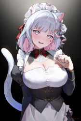 Rule 34 | 1girl, :d, absurdres, animal ears, blush, breasts, cat ears, cat tail, cleavage, facial mark, grey eyes, grey hair, hair ornament, highres, looking at viewer, maid headdress, open mouth, original, pink hair, smile, solo, sooon, tail