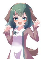 Rule 34 | 1girl, :d, animal ears, arms up, blue eyes, blush, dog ears, dog tail, dress, green hair, gumi 9357, hands up, highres, kasodani kyouko, long sleeves, looking at viewer, open mouth, short hair, simple background, smile, solo, tail, touhou, white background