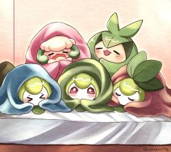 Rule 34 | &gt; &lt;, animal focus, bed, blanket, blush, closed eyes, colored skin, creatures (company), crying, game freak, gen 5 pokemon, green skin, leaf, looking at viewer, mochopaccho, nintendo, no humans, open mouth, petilil, pokemon, pokemon (creature), sleeping, swadloon, whimsicott, white skin