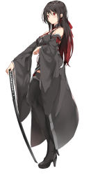 Rule 34 | 1girl, bare shoulders, black footwear, black hair, black kimono, blush, boots, breasts, closed mouth, commentary request, detached sleeves, from side, full body, gradient hair, hair ribbon, high heel boots, high heels, highres, holding, holding sword, holding weapon, japanese clothes, katana, kimono, long hair, looking at viewer, looking to the side, medium breasts, multicolored hair, neck ribbon, original, pixel (yuxian), red eyes, red hair, red ribbon, ribbon, ribbon-trimmed sleeves, ribbon trim, sidelocks, simple background, solo, standing, straight hair, strap gap, sword, thigh boots, thighhighs, v-shaped eyebrows, very long hair, weapon, white background, wide sleeves